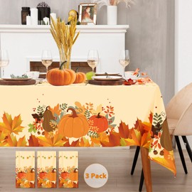 Alitake 3-Pack Thanksgiving Tablecloth Fall Tablecloths - Thanksgiving Tablecloth Disposable Plastic Thanksgiving Table Cloth Pumpkin & Leaves Print, Table Covers for Thanksgiving (Yellow)