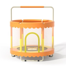 60" Trampoline for Kids, Update T-handrail Adjustable Baby Toddler Trampoline with Basketball Hoop, 200lbs Anti-Rollover Round Bottom Indoor Outdoor Toddler Trampoline with Enclosure (Orange)