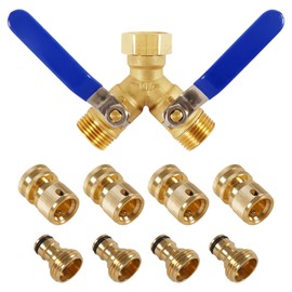 Brass Garden Hose Splitter 2 Way with 4 Set Garden Hose Quick Connect, Heavy Duty Brass Y Valve 3/4 Inch GHT Thread Hose Splitter, Hose Tap Adapter Garden Full Flow Hose Splitter Connector Set