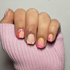 Square Press on Nails Short Fake Nails Pink French Tip Nails Flower Designs False Nails Colorful Stick on Nails Summer Nails for Women Nail Art Decorations 24Pcs