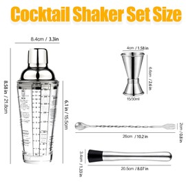 4 Pcs Glass Cocktail Shaker, 14 oz Martini Glass Shaker Cup, with Measuring Jigger Mixing Spoon Muddler,for kitchens, bars, coffee shops, hotels, clubs, Can make cocktails, juices Ete.