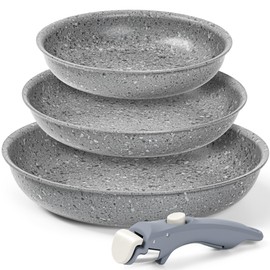 MICHELANGELO Nonstick Frying Pan Set, 8" 9.5" and 11" Fry Pans with Removable Handle, Ultra Non Stick Granite Coating Skillet, Induction Pans with Detachable Handle for Cooking & RV Camping, Gray