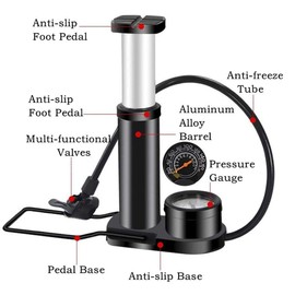 Bike Tire Pump, MasoAuto Cycling Floor Pump with Preesure Gauge & Inflation Needle, Portable Alloy Bike Foot Pump Car Motorbike Tyre Inflator Universal Presta & Schrader Valve (Red)