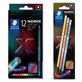 STAEDTLER Norix 186 Colouring Pencils and 181 Pencil Set, Made from Upcycled Wood, Unique Shape, 12 Colouring Pencils and 3 Pencils in Assorted Colours