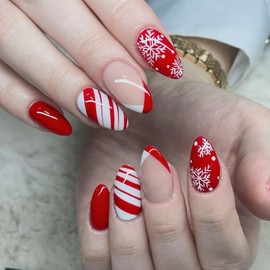 Uñas postizas navideñas de almendra mediana, 24 piezas, diseño de copos de nieve, rayas rojas y blancas brillantes, uñas postizas de acrílico artificiales de invierno para Navidad, uñas postizas con