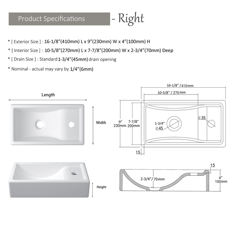 MEJE 16-Inch Wall Hung Basin Sink Combo, Small Cloakroom Basin,