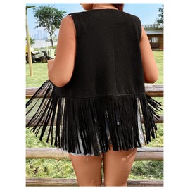 Verdusa Women's Plus Size Fringe Floral Embroidery Sleeveless Vest Cardigan Tassel Jacket Black 3XL