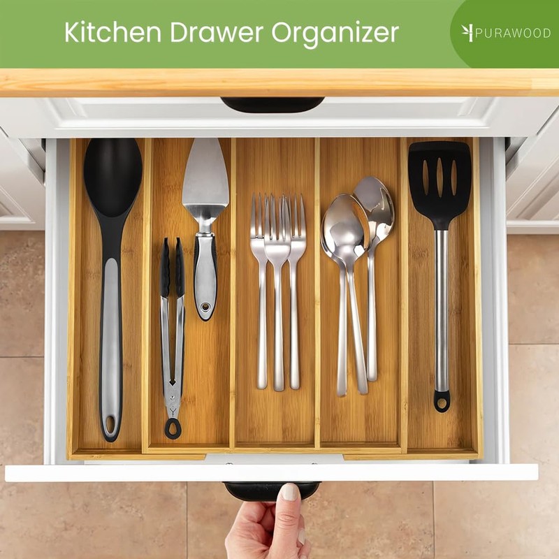 Purawood Kitchen Drawer Organizer - Expandable Utensil Drawer Organizer for