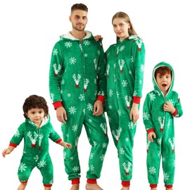Winmany Family Matching Christmas Pajamas Flannel Plush Hooded One-piece Pjs Holiday Thickened Fleece Nightwear Loungewear