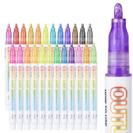 SENROU Double Line Outline Markers, 24 Colors Double Line Markers，Self-Outline Metallic Markers，Shimmer Pens, Art Pens