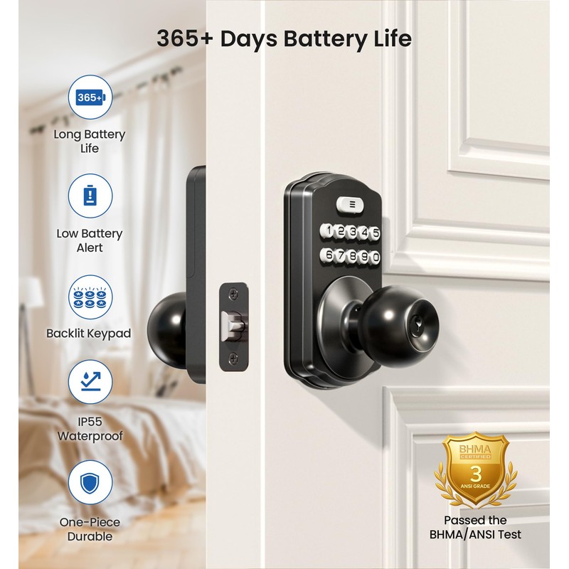 Veise Keypad Door Knob Lock, Keyless Entry Digital Lock with