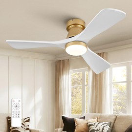 FUJIBONNY 42-Inch Gold Ceiling Fan with Lights, Remote Control, Flush Mount, Dimmable, Reversible, Wood Blades, Power-Off Memory, Quiet DC Motor – Modern Hugger Ceiling Fan for Indoor Outdoor