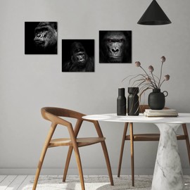 RyounoArt 3 Piece Gorilla Canvas Wall Art Black Animal Portrait Painting Pictures Ape Chimpanzee Prints Artwork for Living Room Bedroom Wall Decor Ready to Hang 12“x12 x3pcs