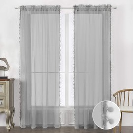 MISS SELECTEX Linen Look Pom Pom Tasseled Sheer Curtains - Rod Pocket Voile Semi-Sheer Curtains for Living and Bedroom, Set of 2 Curtain Panels (52 x 84 inch, Grey)