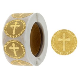 500-Piece Stickers Roll, Cross Design Round Labels with Gold Foil Finish, Round Labels Ideal for Christening, Communion, Christian Occassions, 1 inch/2.5 cm in Diameter (Cross)