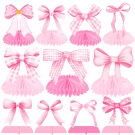 Bow Party Honeycomb Centerpieces Bow Theme Table Decorations 12Pcs Pink Bow Table Centerpieces Coquette Birthday Party Decorations for Bow Knot Baby Shower Girl Supplies