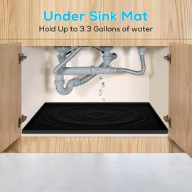 Under Sink Mat for Kitchen, Silicone Waterproof Liner, Flexible Organizer Tray with Drain Hole, 3.3 Gallons Capacity, Easy to Clean (Black, 28x19)
