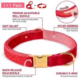 GAMUDA Collar y correa de terciopelo para perro, súper suave y liso, hebilla dorada resistente, cómodo y fácil de limpiar, collar ajustable para perro (XL, rojo)