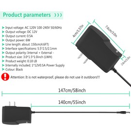12V 0.5A Power Supply Adapter AC 100~240V to DC 12 Volt 500mA Transformer with 5.5 x 2.5mm 2.1mm Center Positive Tip for CCTV Surveillance System LED Strip Light