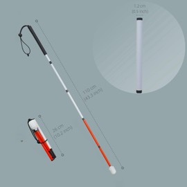 Carbon Fiber Folding Blind Walking Stick with Rolling Tip (One Extra Tip Included) - White Cane for Visually Impaired and Low Vision (Folds Down 5 Sections) (Black Handle, 43.3 inch (110 cm))