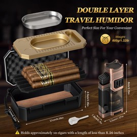AWOTE Travel Cigar Humidor Set with Torch Lighter, Ashtray, Holder, Humidifier & Hygrometer, Portable Travel Cigar Case with Cigar Accessories for Men Gift, Butane not included