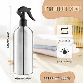 DynnnDy 3 Pack Aluminum Spray Bottles with Adjustable Nozzle 500ml/17oz Silver Metal Fine Mist Atomizer Refillable Sprayer for Hairdressing Watering Plants Cleaning Cooking