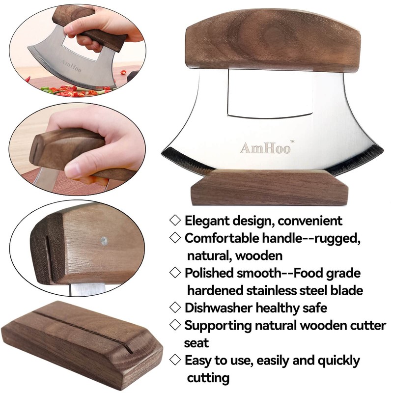 Amhoo Pizza Cutter Chef Mezzaluna Ulu Knife Handle Walnut Wood