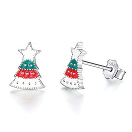Cute red, white and green Christmas tree stud earrings in 925 Sterling Silver - suitable for women and girls over 3 years- perfect for the festive season!