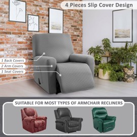 ULTICOR Squared Jacquard Design, 4-Piece, 1 Seat Recliner Cover, Reclining Chair Covers for 1 Cushion Reclining Sofa, Single Seat Recliner Couch Cover, Washable (Recliner Cover, Light Grey)