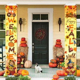 Fall Decorations Welcome Happy Fall Y'all Porch Banner Autumn Scarecrow Pumpkin Front Door Sign Welcome Banner for Indoor Outdoor Home Farmhouse Wall Door Fall Thanksgiving Party Decorations