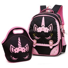 Moonmo Cute Unicorn Face Diamond Bling Waterproof Pink School Backpack Set Girls Book Bag (Large, Black Set)