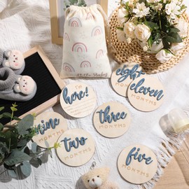 Burbell 3D Baby Milestone Wooden Circles Hello World Newborn Sign 7 Pack Double Sided Monthly Milestone Cards Sign Baby Announcement Sign for Newborn Shower Photo Props (Slate Blue)