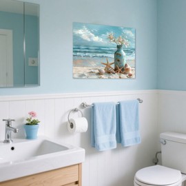 LB Beach Coastal Wall Art Starfish with White Flower in Vintage Vase on Teal Beach Wall Art Beach Scene Canvas Wall Decor for Living Room Bedroom Bathroom Office Framed Ready to Hang 12L x 16W