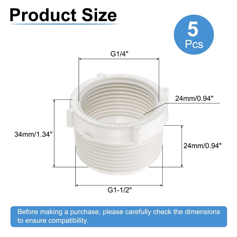 sourcing map 5 Pcs PVC Reducer Bushing G1-1/2 Male Thread