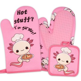 Prewplam Oven Mitts and Pot Holders 3pcs Set, Axolotl Kitchen Oven Glove High Heat Resistant, Cute Oven Mitts and Potholder with Non-Slip Silicone Surface for Cooking Baking Barbecue