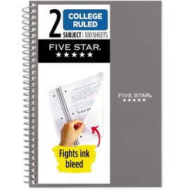 Five Star Cuaderno Espiral 2 Temas 100 Hojas Rayado Universitario 6" x 9½" Gris