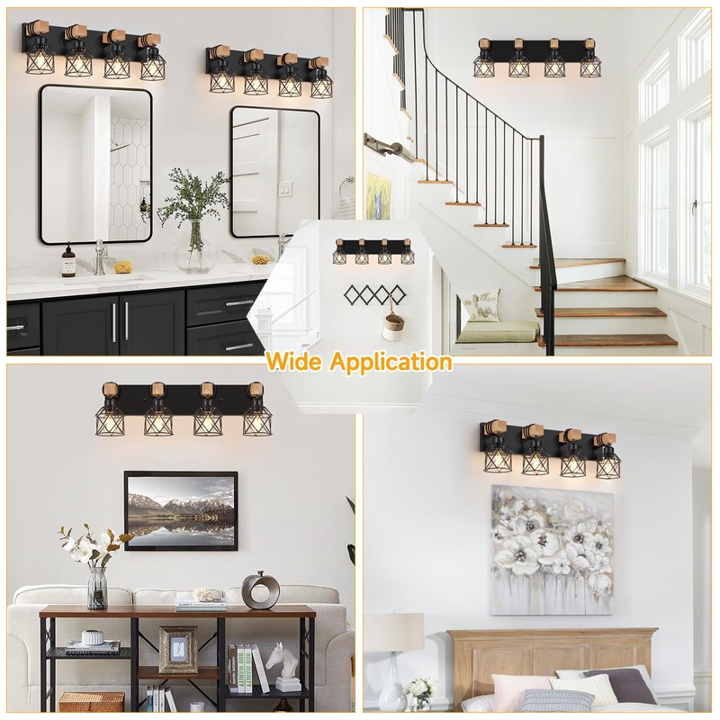 FadimiKoo 4-Light Rustic Style Wood Bathroom Vanity Light Fixtures, Black