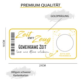 Glückslos Zeit statt Zeug mit Rubbelaufkleber - Rubbelkarte zum beschriften - Einzigartige Geschenk Verpackung - Karte als Gutschein oder Geschenkidee zum freirubbeln mit goldenem Umschlag