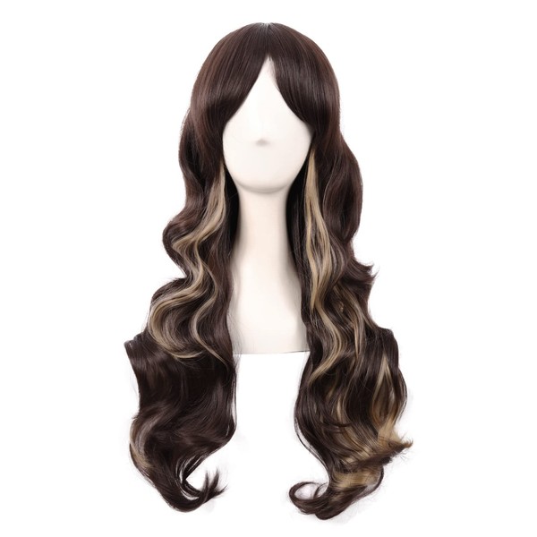MapofBeauty 28 Inches / 70 cm Side Parting Bangs Charming Women Long Curly Full Hair Wavy Wig (Brown Mixed Gold)