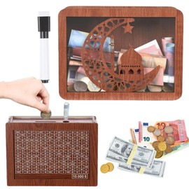 Cash Vault Wooden Savings Box,Piggy Bank for Adults Kids,Cash Saver Box,Money Box with Counter, Coin Bank with Erasable Marker Pen,Money Saving Box with Money Target and Countdown (10000)