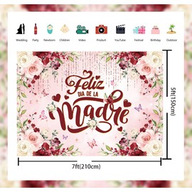 Feliz Día De La Madre Backdrop Mexican Happy Mother's Day Photography Background Burgundy Floral Glitter Dot Thanks Mom Banner for Spanish Mothers Day Party Decorations Supplies (82x59 inch (7x5FT))