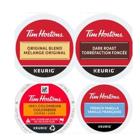 Tim Hortons variety pack 96 count bundle: Original medium roast 24, Colombian roast 24, French vanilla 24, Dark roast 24.