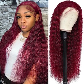 99j Burgundy 13x4 Lace Front Wigs Human Hair Deep Wave HD Transparent Lace Frontal Wig Human Hair 180% Density Glueless Wigs for Women (16inch)