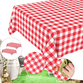 JCTHKUKU 4 Pcs Red Gingham Tablecloth, Disposable Plastic Red Checkered Table Cloth, Red & White Plaid Table Cover for Outdoor Picnic, Wedding, Baby & Bridal Shower, Birthday Party (54 x 108 Inch)