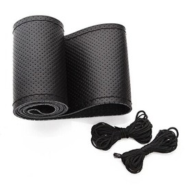BELINOUS Universal Leather Car Steering Wheel Cover, Stitch On Wrap (Size XS3, Black)