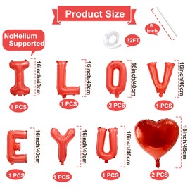 16 Inches Red 'I LOVE YOU' Balloons Banner - Mylar Letter Balloons with 2 Red Heart Shaped Foil Balloons for Romantic Decorations, Anniversaries, Engagements, Proposals, and Valentines Day Decor
