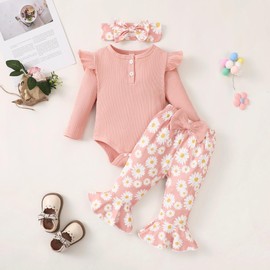 Kislio Newborn Baby Girls Clothes Ribbed Ruffled Romper+Floral Pants+Headband Infant Outfit Set