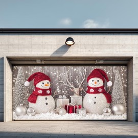 IVN Christmas Garage Door Banner 6x13 ft Red and Silver Snowman Scene Backdrop Garage Door Covers Decorative Holiday Garage Door Cover Mural Winter Wonderland Decor