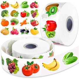 1200Pcs Fruit Vegetable Stickers, 16 Styles Cute Food Stickers for Kids, Colorful and Waterproof, Classroom Rewards, Scrapbooking, Crafts Sticker Roll(2 Rolls)