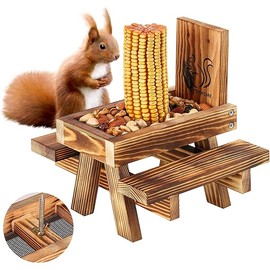 Squirrel Feeder for Outside Funny, Carbonized Wood Squirrel Picnic Table Feeder with Corn Cob Holder & Peanut Tray, Durable Picnic Table for Squirrel and Chipmunk, New Premium Gift
